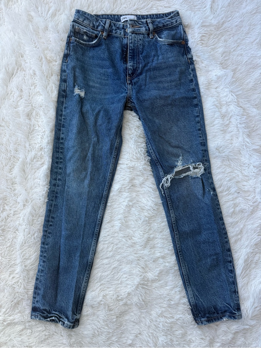 Zara Women's Distressed Straight Leg Jeans - Dark Blue